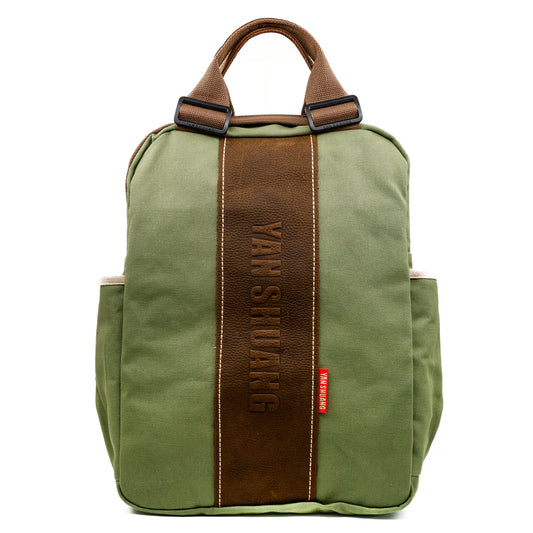 YAN SHUANG Military Green Executive Backpack Brown Leather
