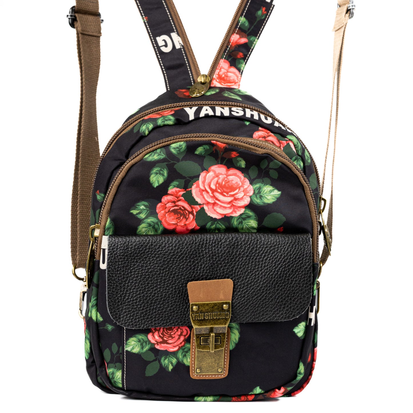 YAN SHUANG Convertible Backpack Flower Language Black Leather