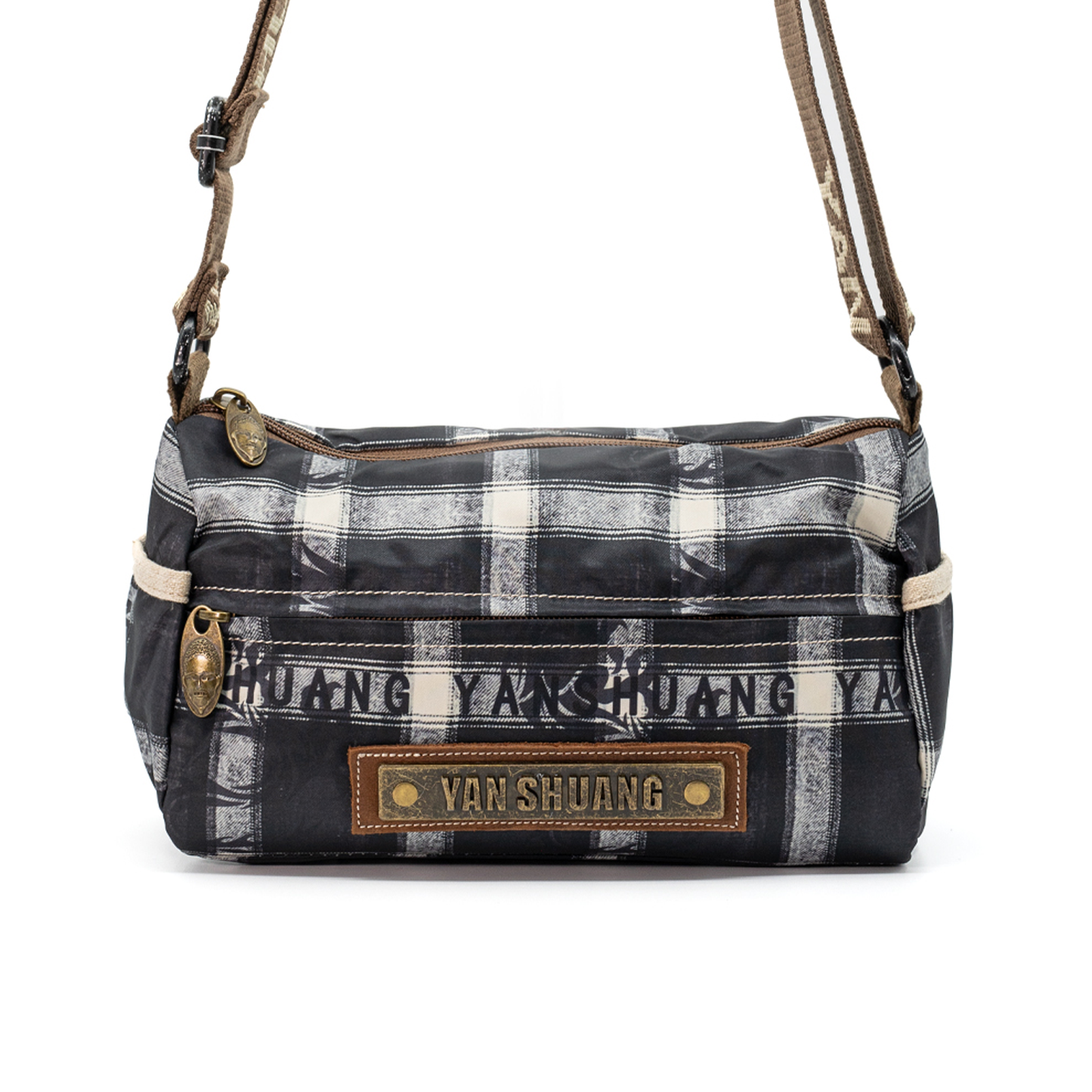 YAN SHUANG Unisex Grey Check Shoulder Bag