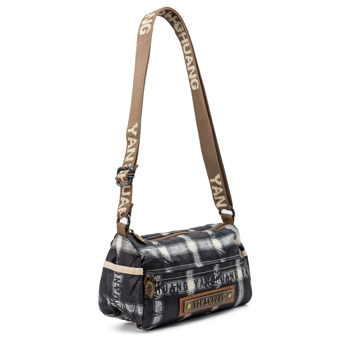 YAN SHUANG Unisex Grey Check Shoulder Bag