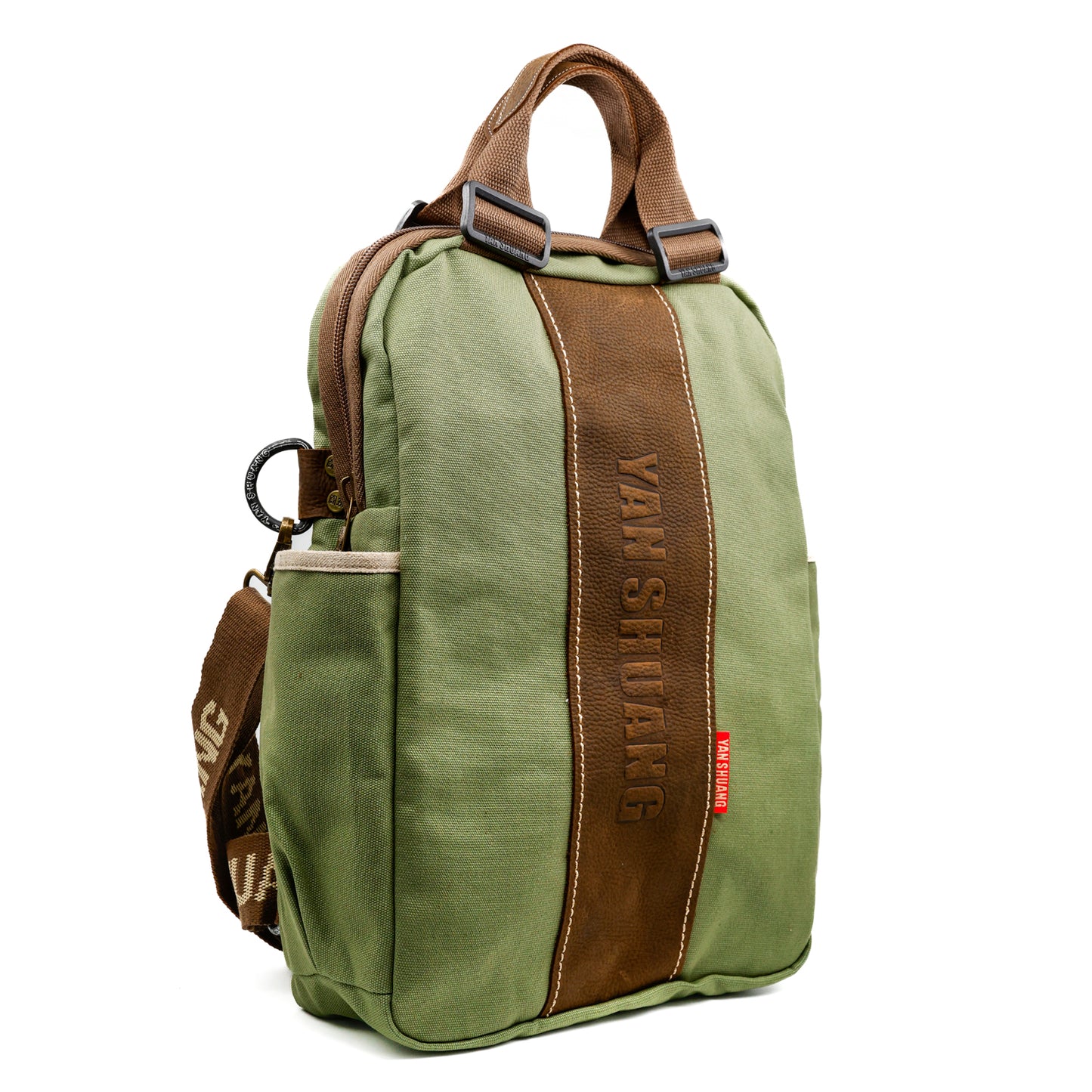 YAN SHUANG Mochila Ejecutiva Verde Militar Piel Café
