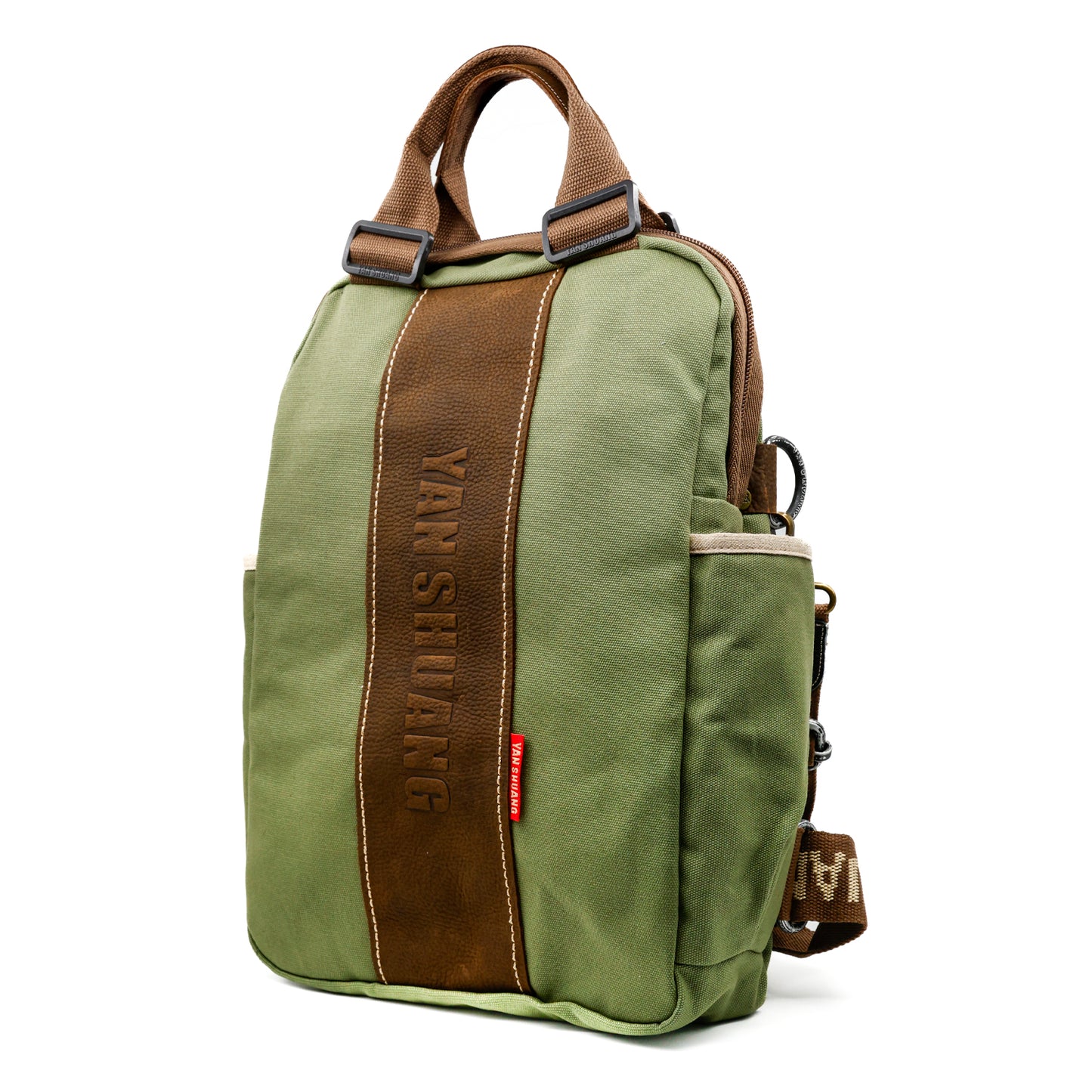 YAN SHUANG Mochila Ejecutiva Verde Militar Piel Café