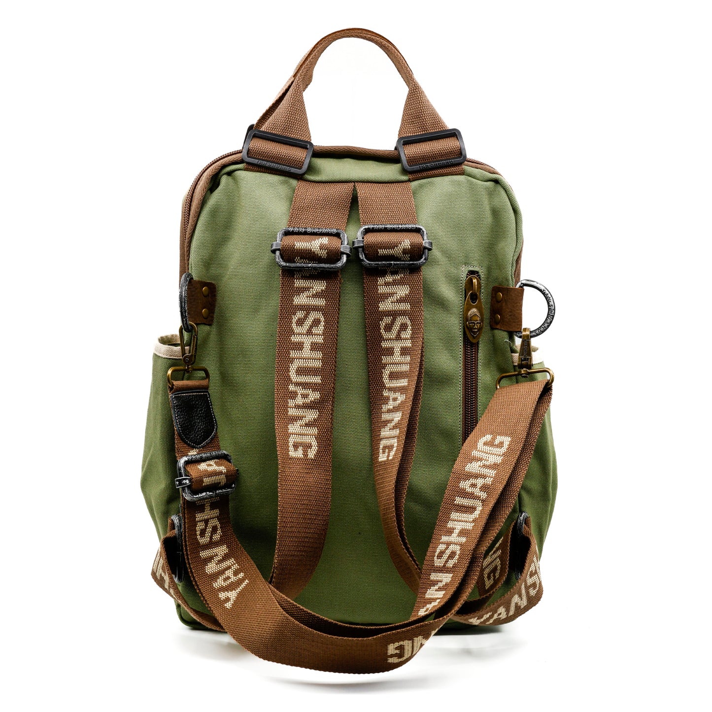 YAN SHUANG Mochila Ejecutiva Verde Militar Piel Café