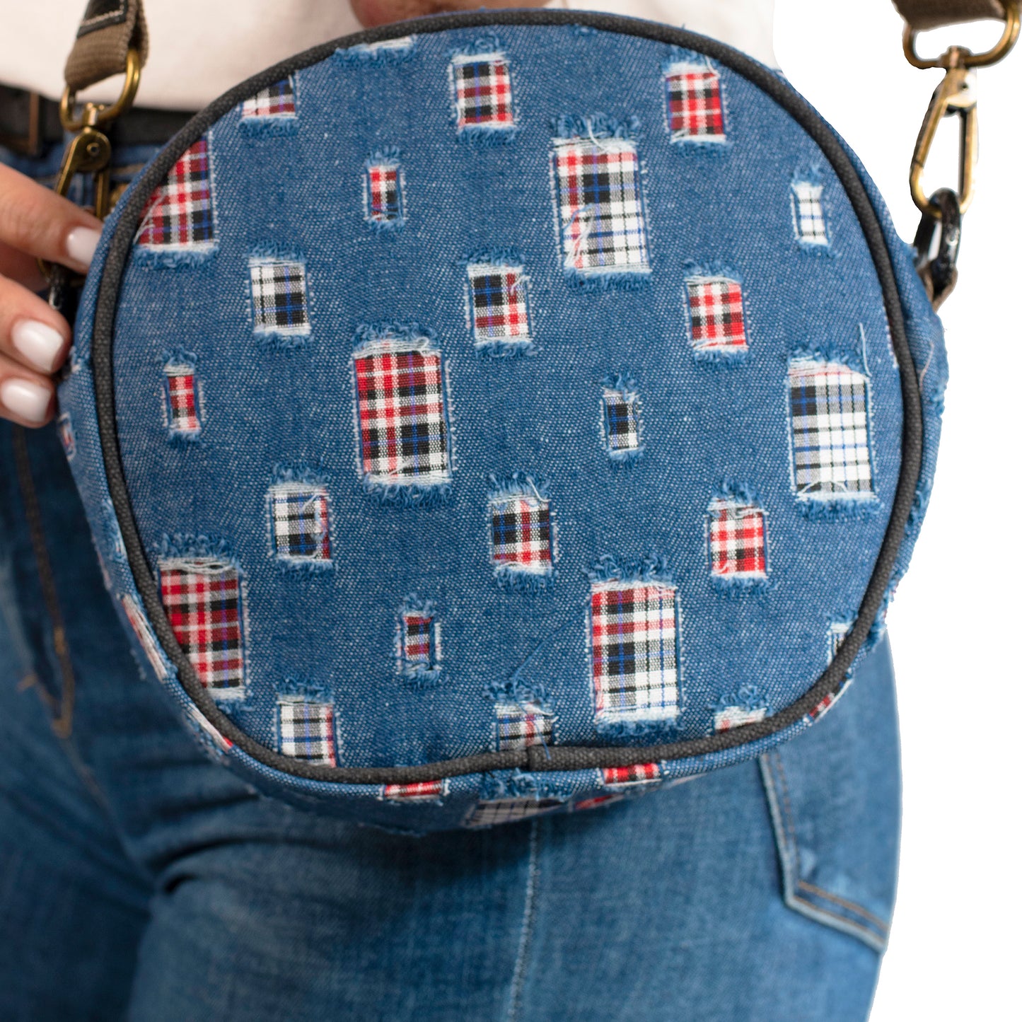 YAN SHUANG Small Checkered Denim Crossbody Bag