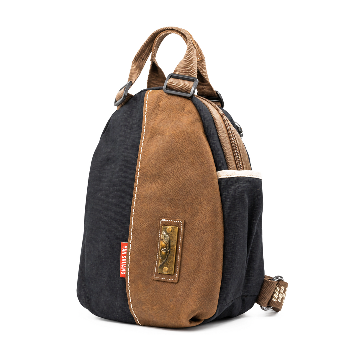 YAN SHUANG Urban Backpack, Black Cotton, Brown Leather