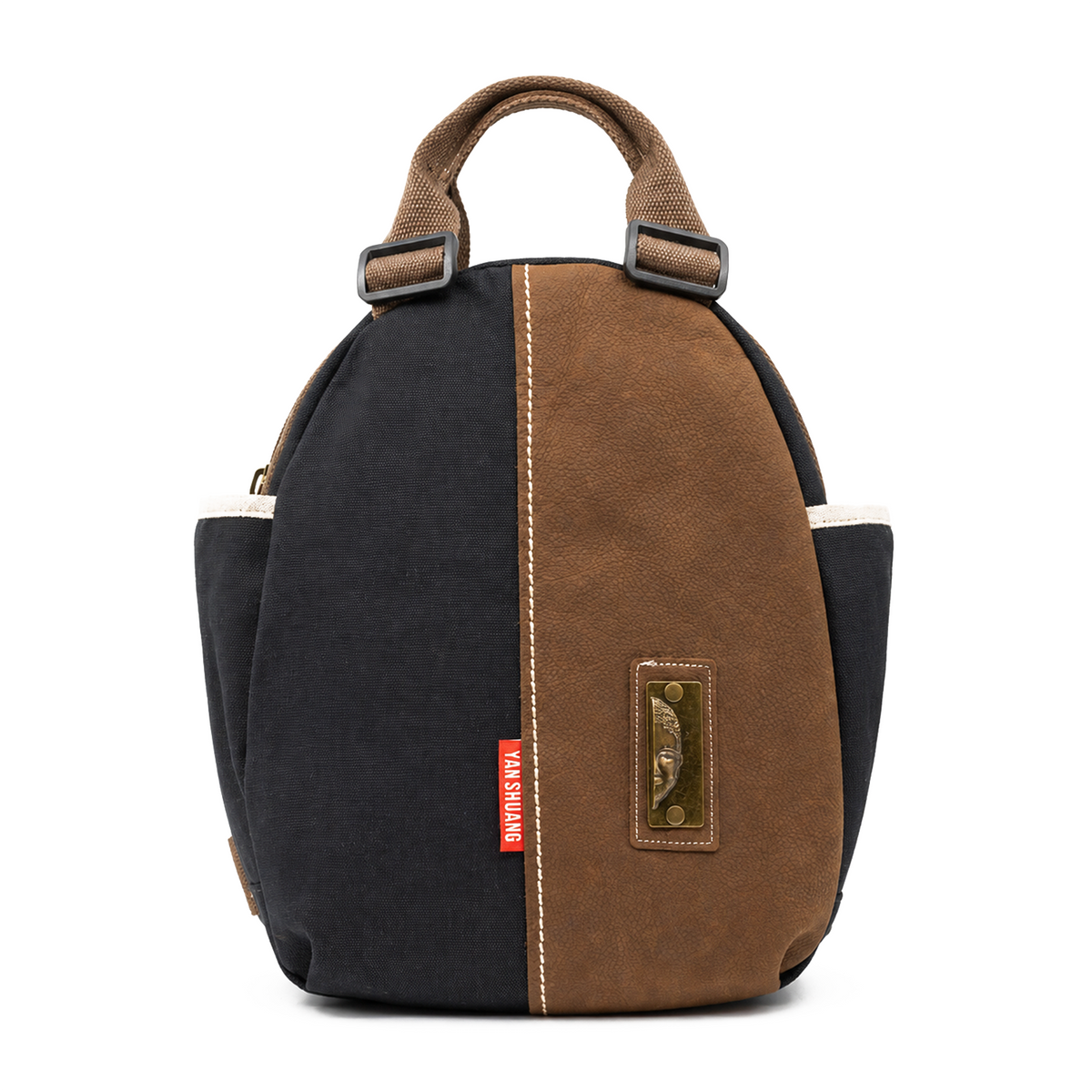 YAN SHUANG Urban Backpack, Black Cotton, Brown Leather