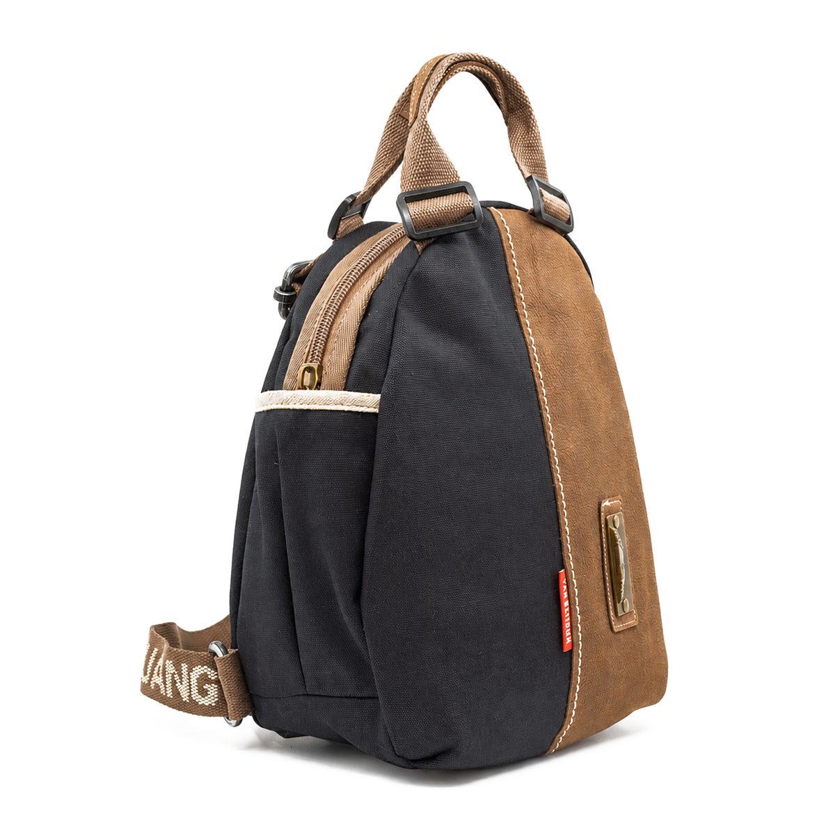 YAN SHUANG Urban Backpack, Black Cotton, Brown Leather