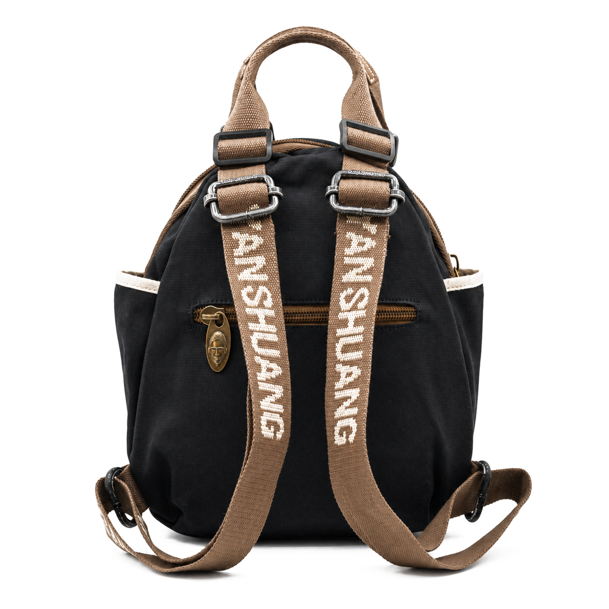YAN SHUANG Urban Backpack, Black Cotton, Brown Leather