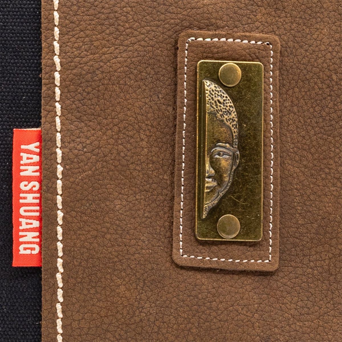 YAN SHUANG Urban Backpack, Black Cotton, Brown Leather