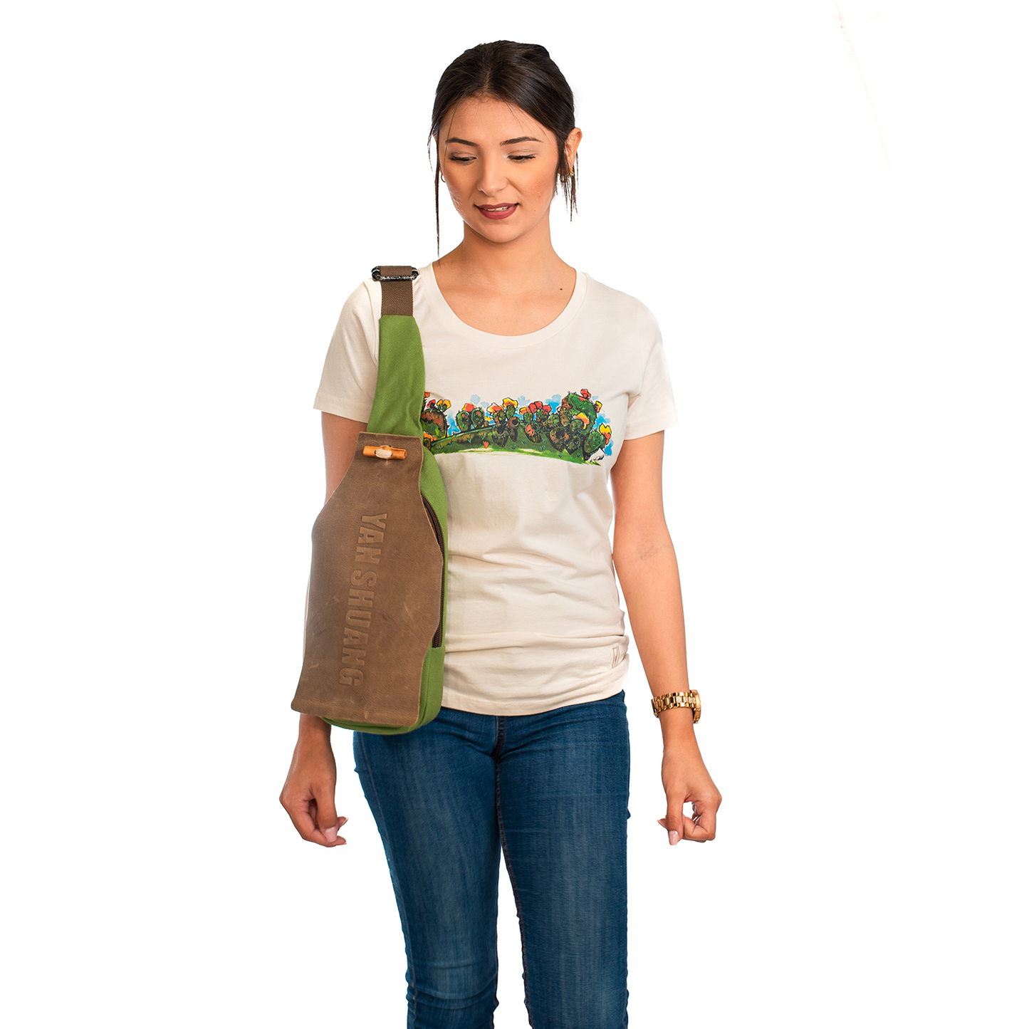 YAN SHUANG Green Cotton Leather Shoulder Bag